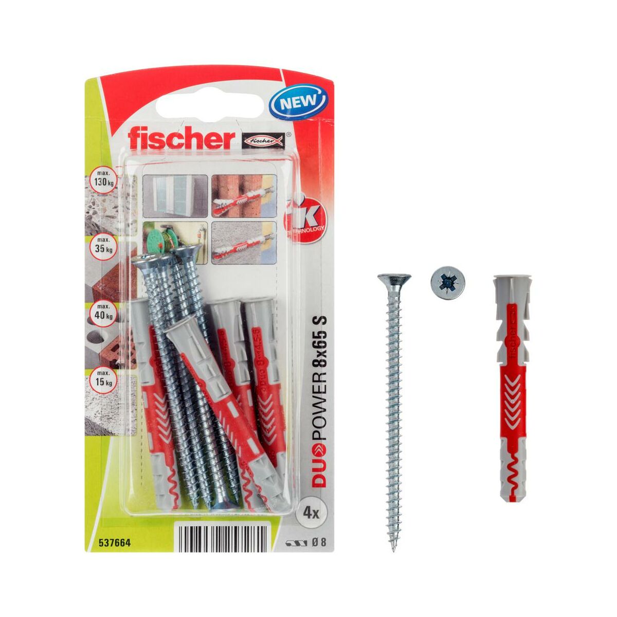 Kołek uniwersalny 8 x 65 mm S K NV Duopower 4 szt. Fischer
