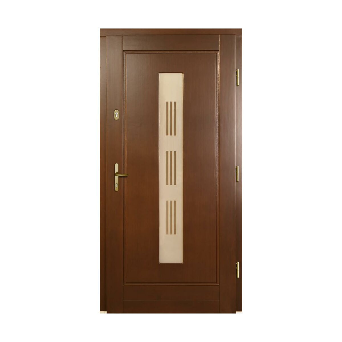 Drzwi zewnętrzne drewniane wejściowe przeszklone Laura P1 orzech 90 prawe Lupol