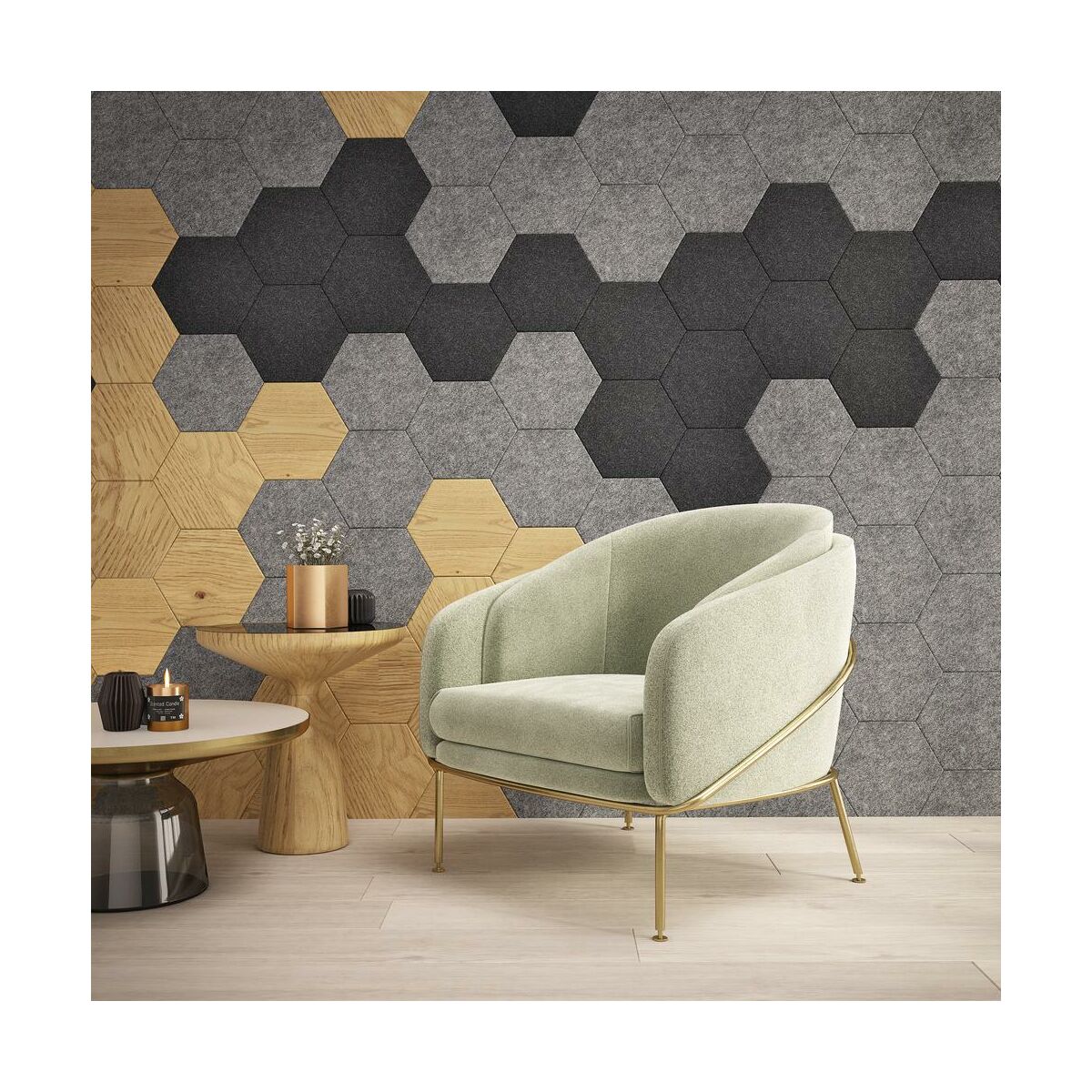 Panel ścienny akustyczny filcowy dekoracyjny 30x26 cm Hexagon płaski szary