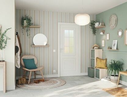 Przedpokój otwarty na salon. Aranżacja inspirowana naturą