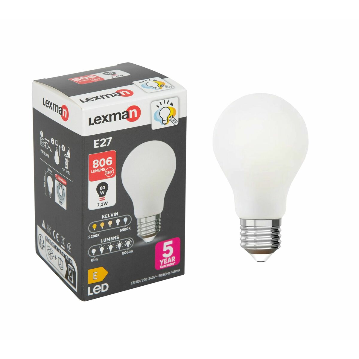 Żarówka LED E27 7,2 W = 60 W 806 lm Lexman