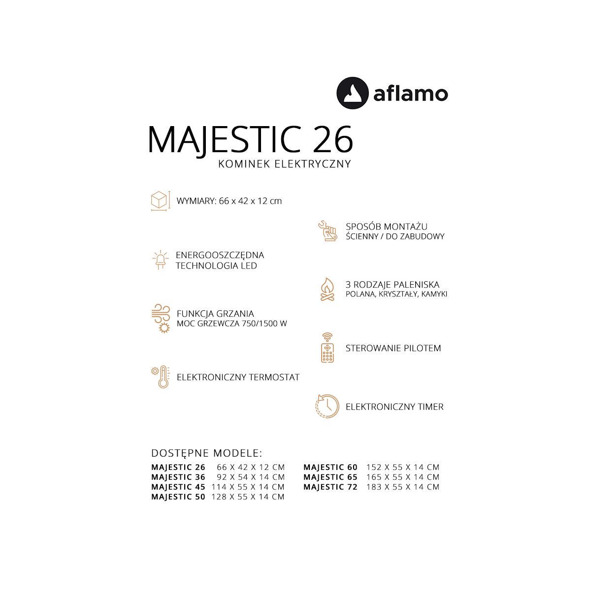 Kominek elektryczny 750/1500 W MAJESTIC 26 AFLAMO