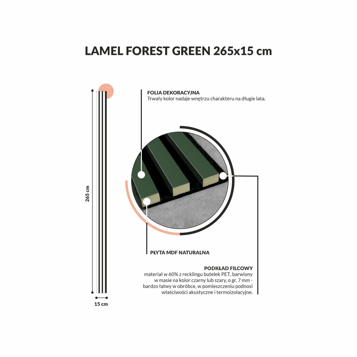 Panel ścienny 3D lamel na filcu akustyczny 265x15 cm Forest Green Fllow