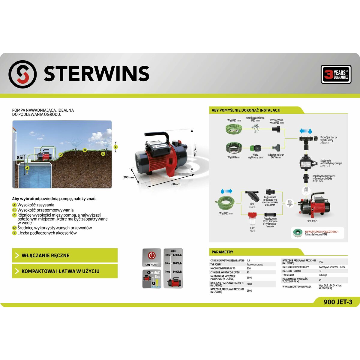 Pompa ogrodowa Sterwins 900 JET-3 3800l/h 900W