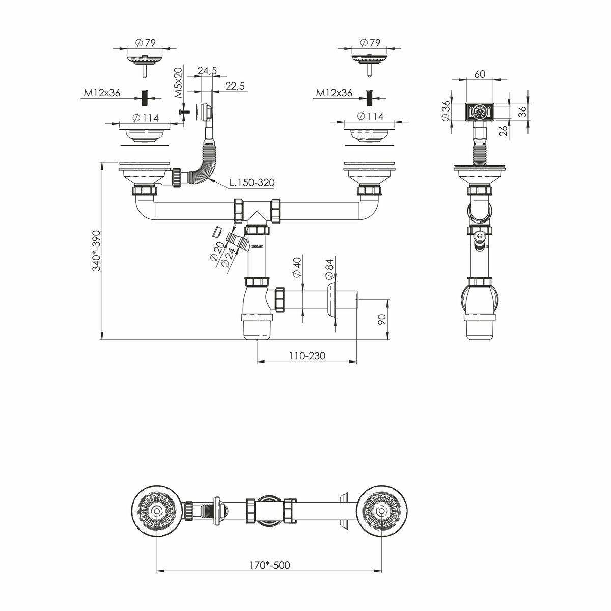 Syfon zlewu 90 mm 2-KOMOROWY ANIPLAST
